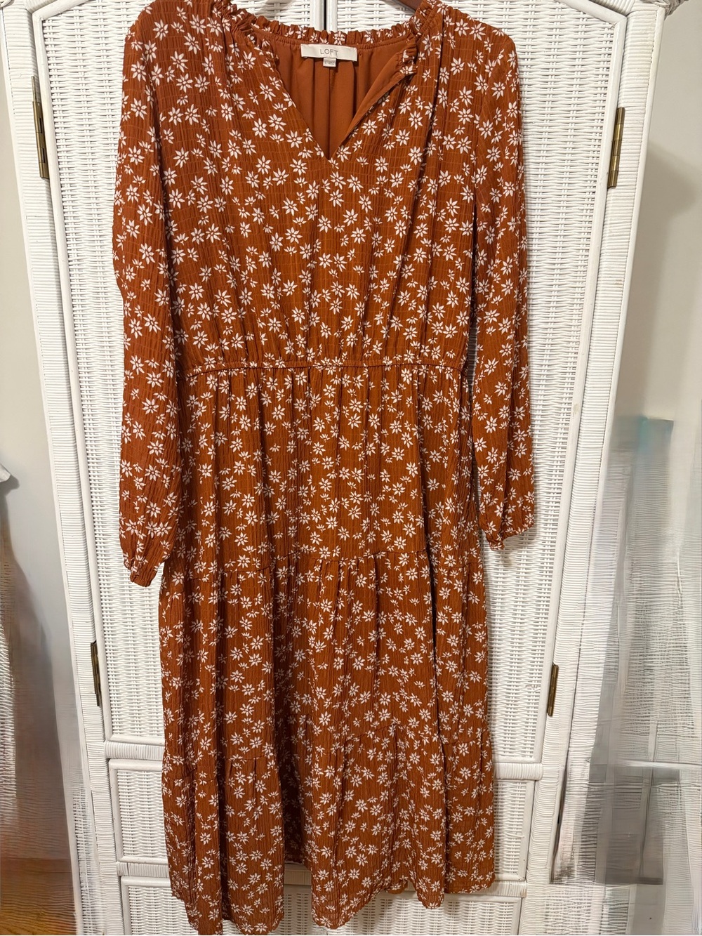 LOFT LARGE Rust Floral Tiered Long Sleeve Midi Dress